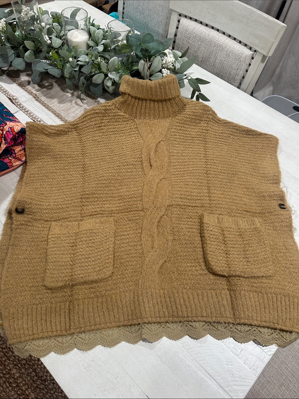 Cozy Camel Cable-Turtleneck Poncho Sweater